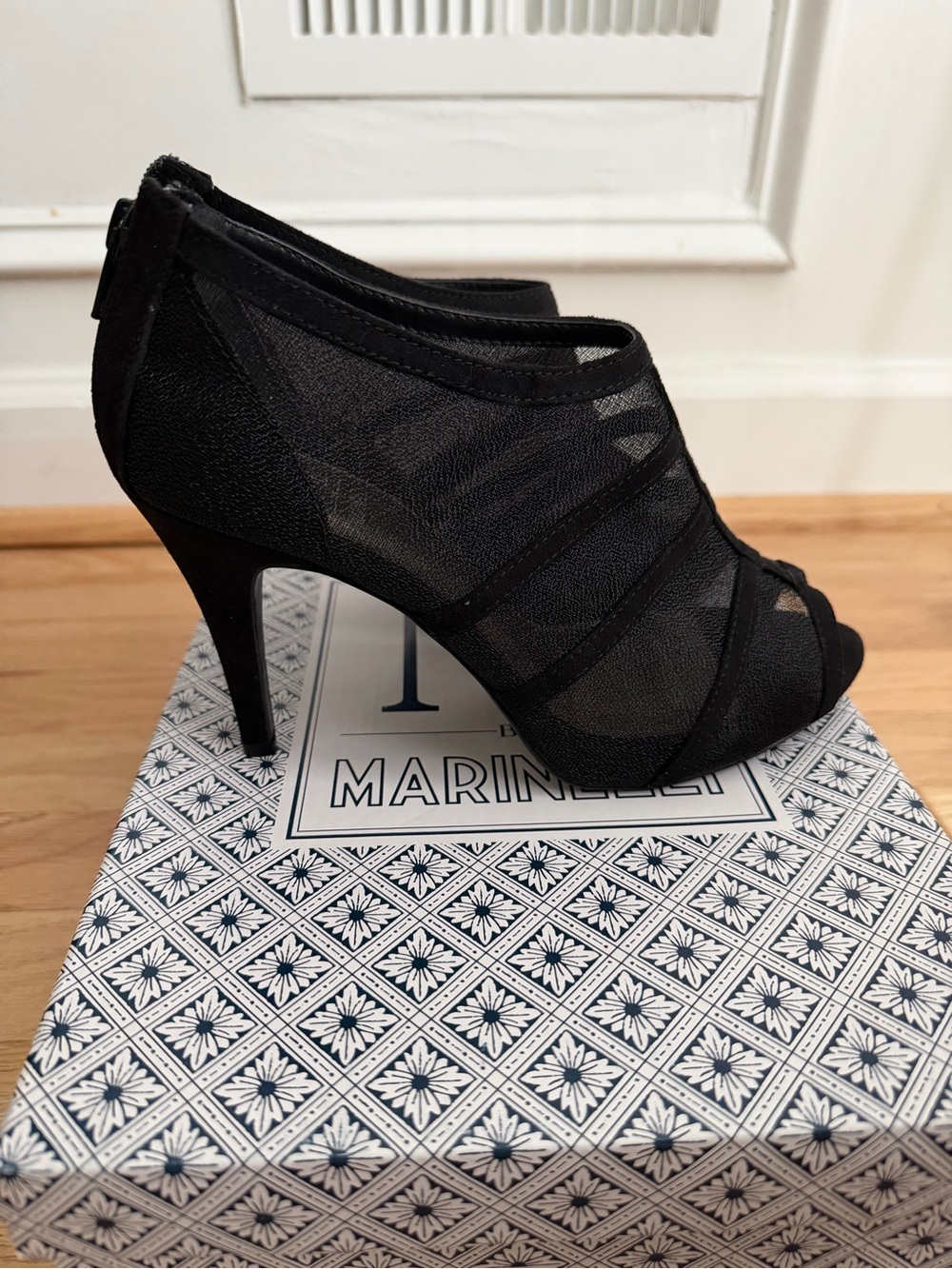 M by Marinelli Black Mesh Peep-Toe High Heel Bootie Size 7